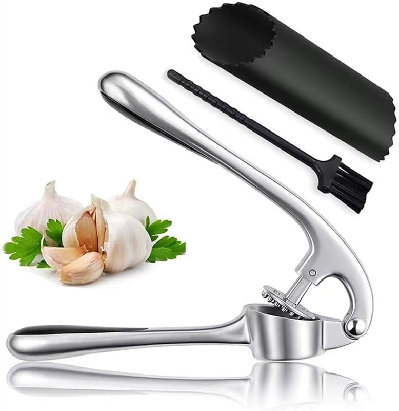 Garlic Press with Peeler and Brush | Easy Garlic Crusher | Dishwasher Safe | Zinc | Comfortable Handle