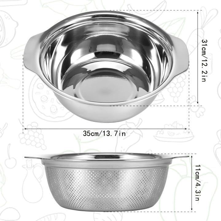 Stainless Steel Microporous Colander for Kitchen, 2.5QT Large Capacity, Colander and Bowl Set of Two, Stainless Steel Drain Basket with Mixing Bowl, for Washing Fruits and Vegetables