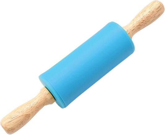 Silicone Rolling Pin, Green 9 Inch Pin with Wooden Rotatable Handle for Dough of Baking Bread, Cookie, Pizza (green, 9 inch)