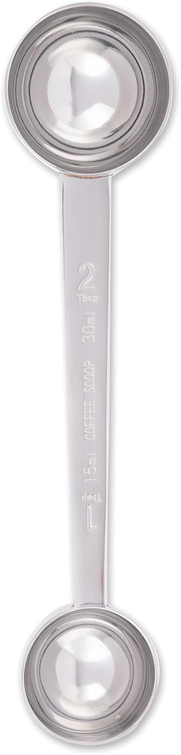 RSVP International Coffee Measuring Spoon, Long Handled Stainless Steel Scoop Multi-purpose for Baking, Ground Coffee, Beans or Loose Leaf Tea, Double, 1-Tbsp/2-Tbsp