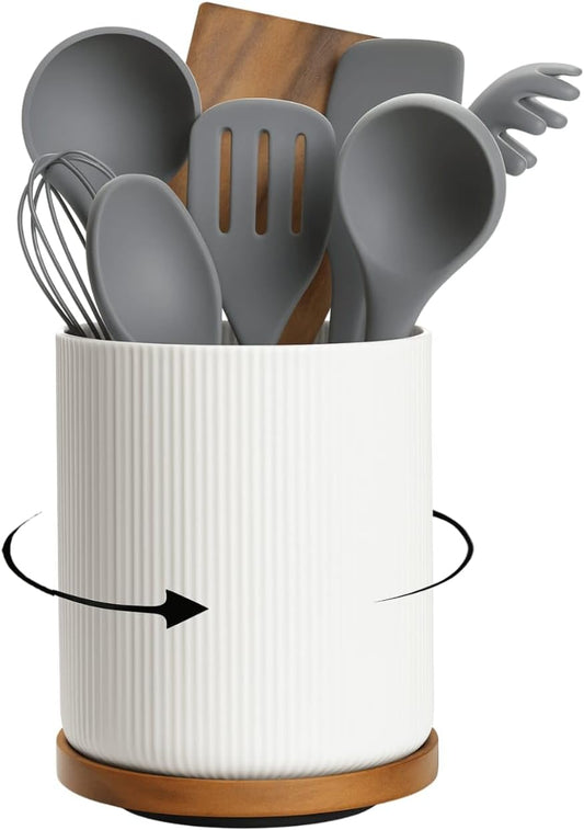 Utensil Holder, 360° Rotating Extra Large Ceramic Kitchen Utensil Holder for Countertop 7.3“ Cooking Utensil Crocks for Kitchen Counter with Rotatable Wooden Base, Farmhouse Decor, White
