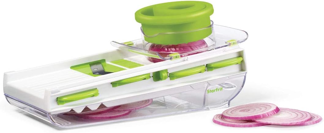 Starfrit Easy Mandoline Slicer, Dicer - 5-Blades and Graters - Straight & Crinkle Blades, Julienne, Grater & Shredder - Self-Feeding Pusher - Catch Base for Storage and Food Container