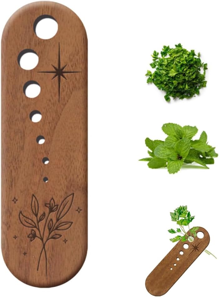 Wooden Herb Stripper Tool, Natural Wood Leaf Separator with 7 Hole Sizes, Kitchen Gadget for Herbs and Vegetables, Herb Stripper Bowl Gifts for the Kitchen Suitable for Home Use & Chefs