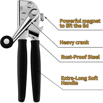 JPH Commercial Can Opener Manual Heavy Duty - Easy to Use with Comfortable Easy Crank Handle - Swing Grip Design, Hand Can Opener, Includes Built in Bottle Opener (Extra Large) (black)