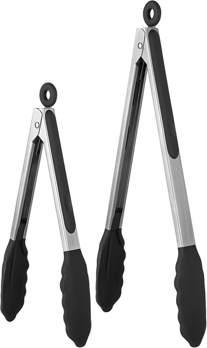 600ºF Heat Resistant Kitchen Tongs: U-Taste 9 inch Silicone Cooking Tong with Firm Sealed Non Stick Rubber Tips & Silicon Coated 18/8 Stainless Steel Handle & Smooth Locking for Serving Salad (Black)