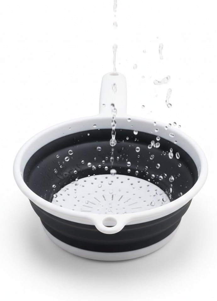 Handy Housewares 8" Round Space Saving Collapsible Silicone Kitchen Colander Food Strainer with Handle - White (1 Pack)