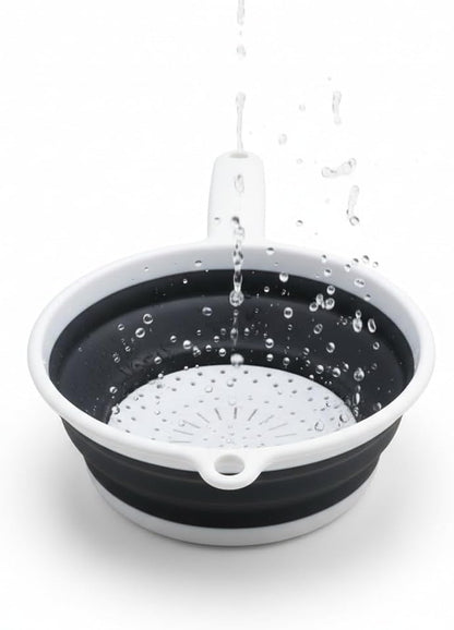 Handy Housewares 8" Round Space Saving Collapsible Silicone Kitchen Colander Food Strainer with Handle - White (1 Pack)