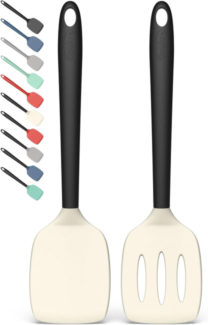 Coukre 2 Pack Silicone Spatula Set, High Heat Resistant, BPA Free Kitchen Spatula, Solid & Slotted Turner for Non-Stick Pans, Sautéing, and Flipping (2, PureBlack)