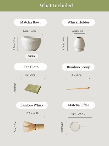 6-pcs Japanese Matcha Whisk Set with Handmade Wabi-Sabi Ceramic Bowl(Chawan),Bamboo Chasen, Whisk Holder, Scoop, Sifter & Tea Towel,Matcha Ceremony Kit,(Sandstone Reactive Glaze)