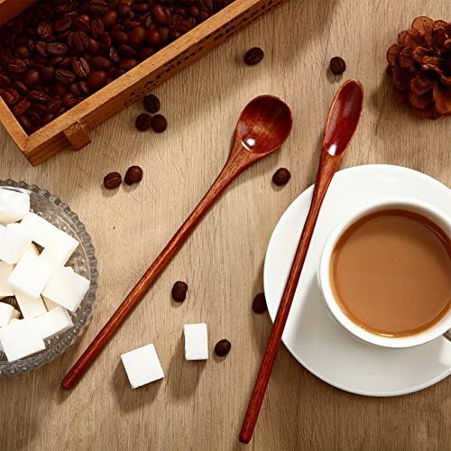 Patelai 10 Pieces Wooden Coffee Spoons Long Handle Mixing Wooden Spoon Handmade Stirring Teaspoon for Kitchen Stirring
