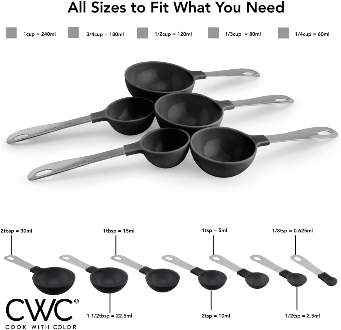 COOK WITH COLOR Measuring Cups Set and Measuring Spoon Set, Stainless Steel Handles, Nesting Kitchen Measuring Set, Liquid Measuring Cup Set, 12 PC Stainless Steel, Gray