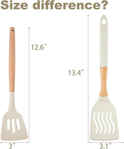 Kitchen Utensils Set - 34 PCS Non-Stick Silicone Cooking Utensils Set Spatula Set with Holder, Wooden Handle Spoon,Brush,Whisk Kitchen Gadgets Tools Set for Nonstick Cookware (Cream White-34P)