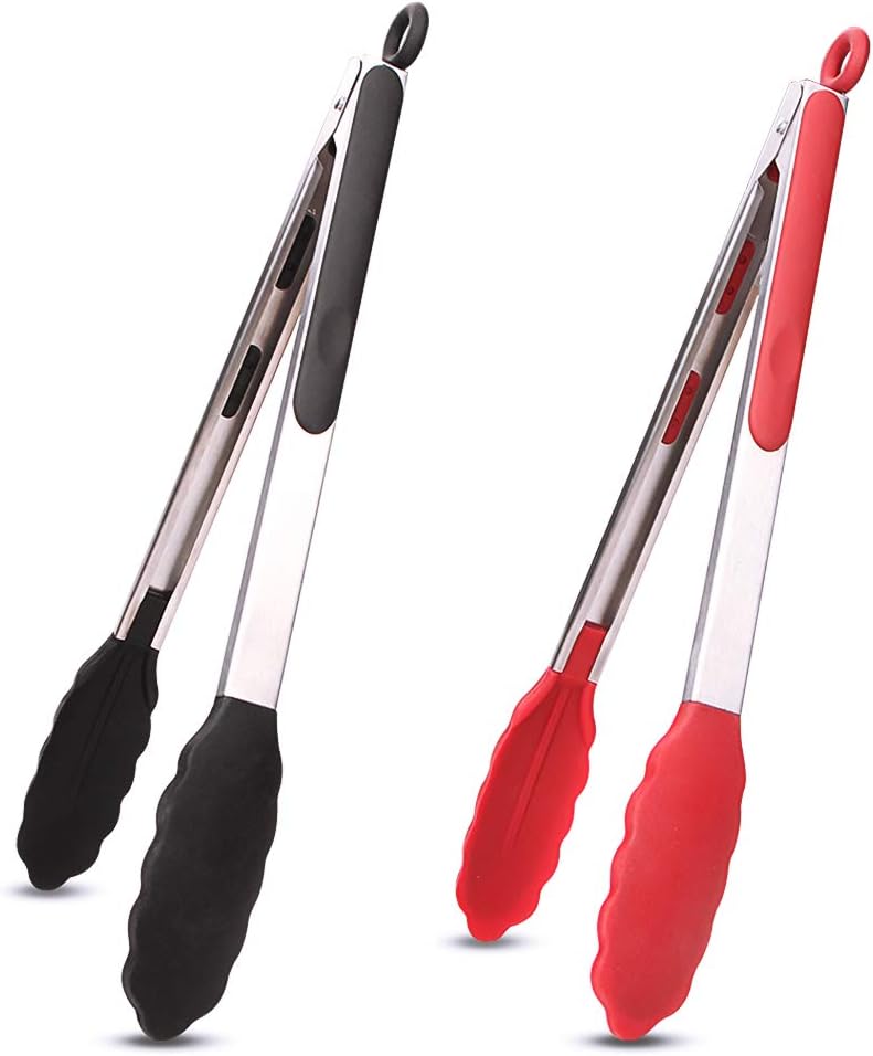 Webake Kitchen Tongs Set of 2 Silicone Tongs in Pinch Test Grade, 12 Inch Salad Tongs Cooking Tongs with Silicone Tips IP Accessories, Metal Tongs for Cooking, Grilling, BBQ and Serving - Black & Red