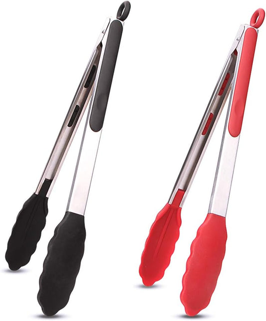 Webake Kitchen Tongs Set of 2 Silicone Tongs in Pinch Test Grade, 12 Inch Salad Tongs Cooking Tongs with Silicone Tips IP Accessories, Metal Tongs for Cooking, Grilling, BBQ and Serving - Black & Red