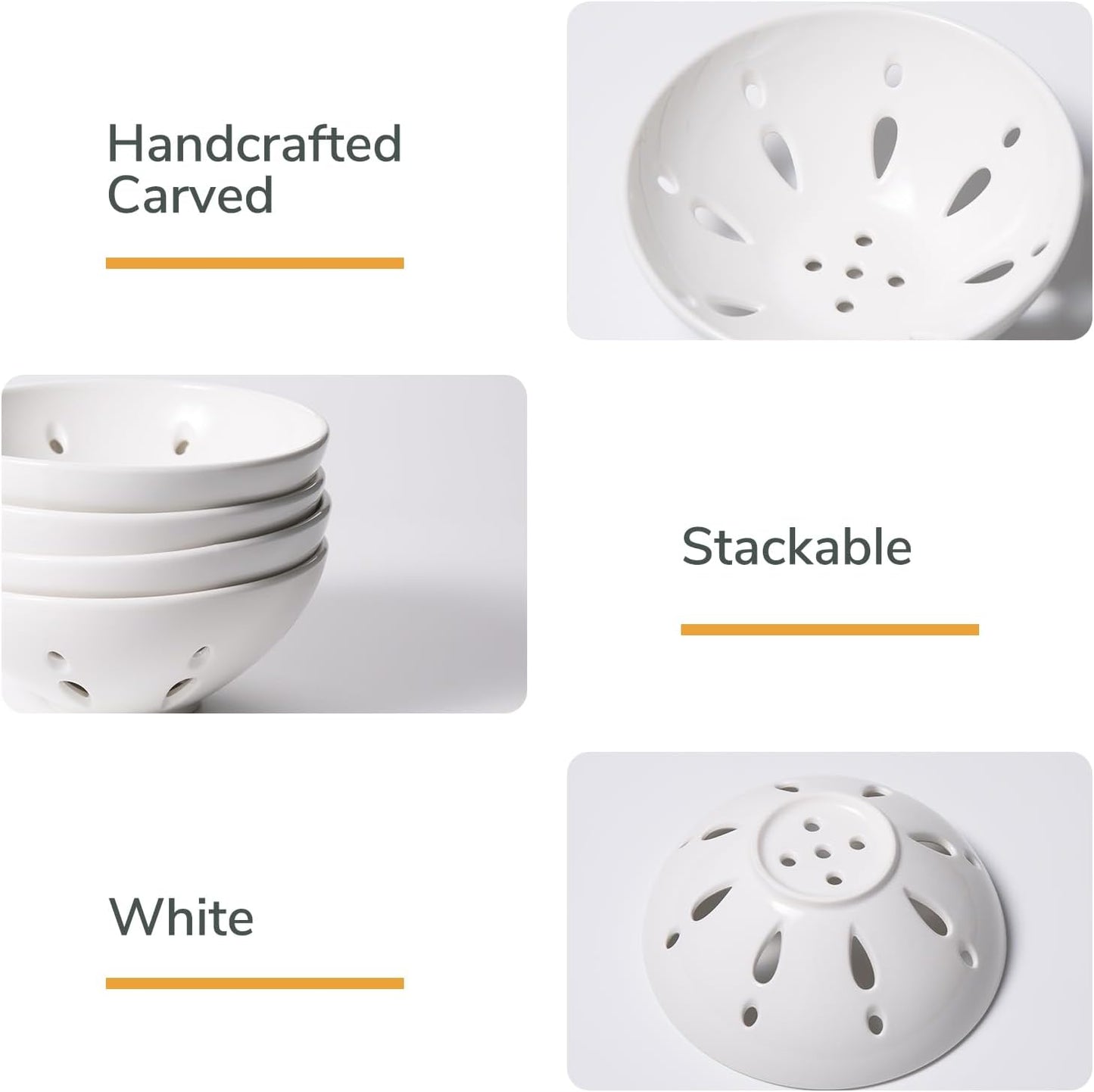 Ceramic Berry Basket, Round Fruit Bowl with Draining Hole, 5.8" Berry Colander for Kitchen Counter, Fruit Baskets Set of 2, White