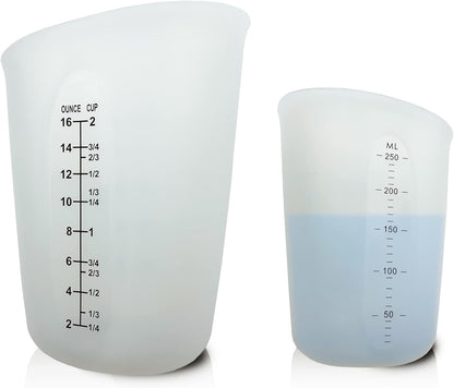 Silicone Measuring Cups, Blender, Liquid, Paint and Resin Mixing (16oz & 8oz), Squeeze, Pour Mixing Coffee, Making Cake, Cookies Baking, BPA Free. For Molds, Jewelry Making, Waxing, Easy to Clean