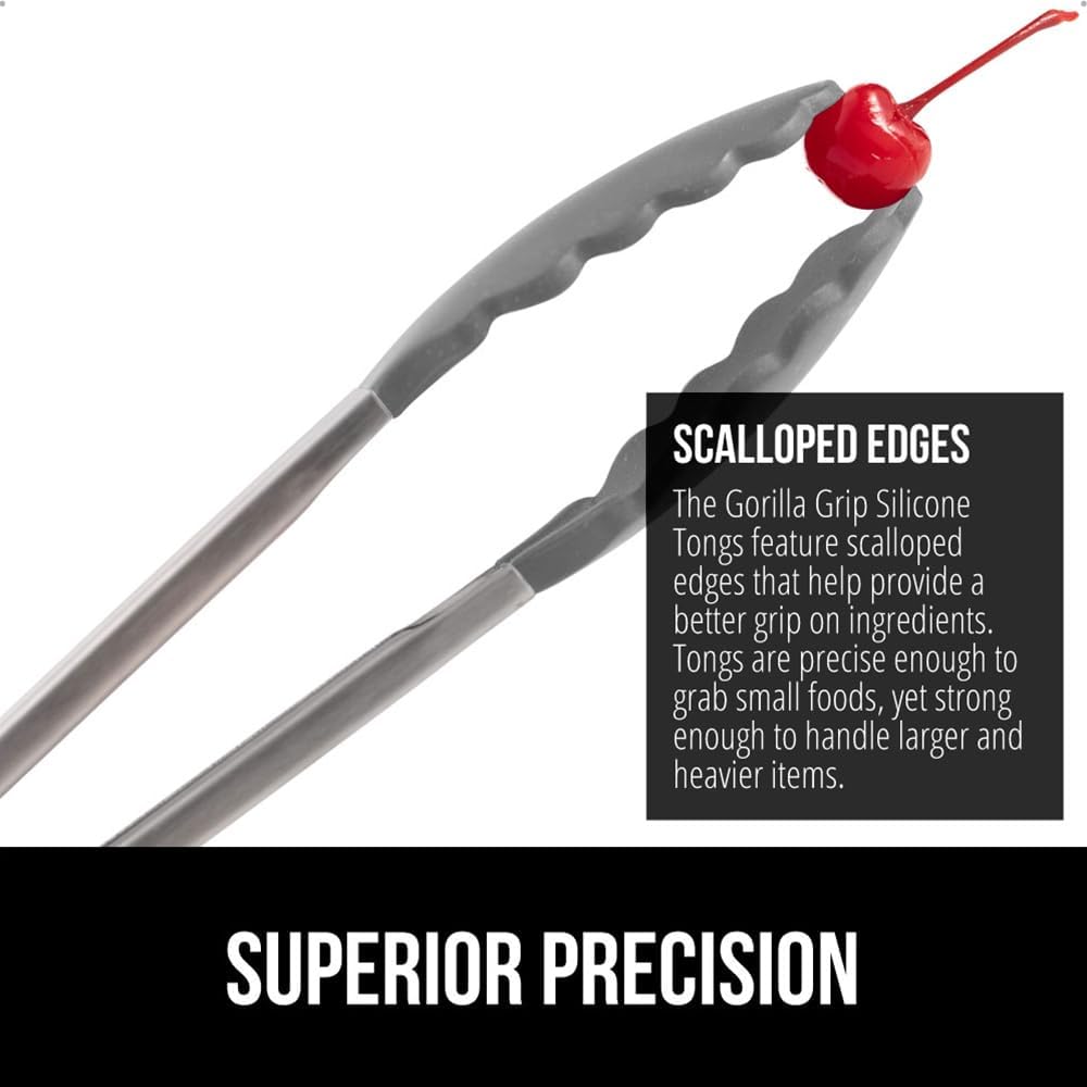 GORILLA GRIP Stainless Steel Heat Resistant Kitchen Tongs for Cooking, Set of 2 BBQ Tong, Non Scratch Silicone Tip for Pans, Strong Grip, Grab Food, Toss Salad, Air Fryer, Pull Lock, 7 + 9 Inch, Black