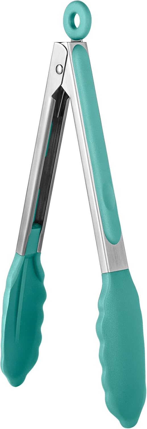600ºF Heat Resistant Kitchen Tongs: U-Taste 9 inch Silicone Cooking Tong with Firm Sealed Non Stick Rubber Tips & Silicon Coated 18/8 Stainless Steel Handle & Smooth Locking for Serving Salad (Black)