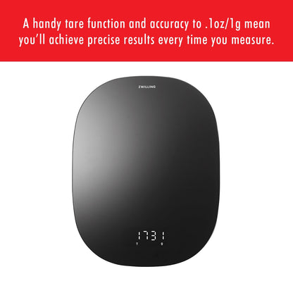 ZWILLING Enfinigy Digital Kitchen Food Scale, Max Weight 22lbs, Grams & Ounces, .1-gram Accuracy, Black