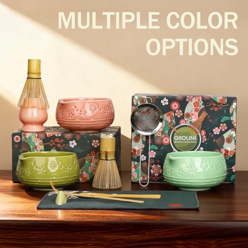 Matcha Whisk Set, Ceramic Matcha Set with Bowl, Chasen Holder, Scoop Rest, Sifter, 8-Pcs Japanese Ceremony Matcha Kit–Matcha Lovers Gift for Women Mom Girl Friend-Matcha Green