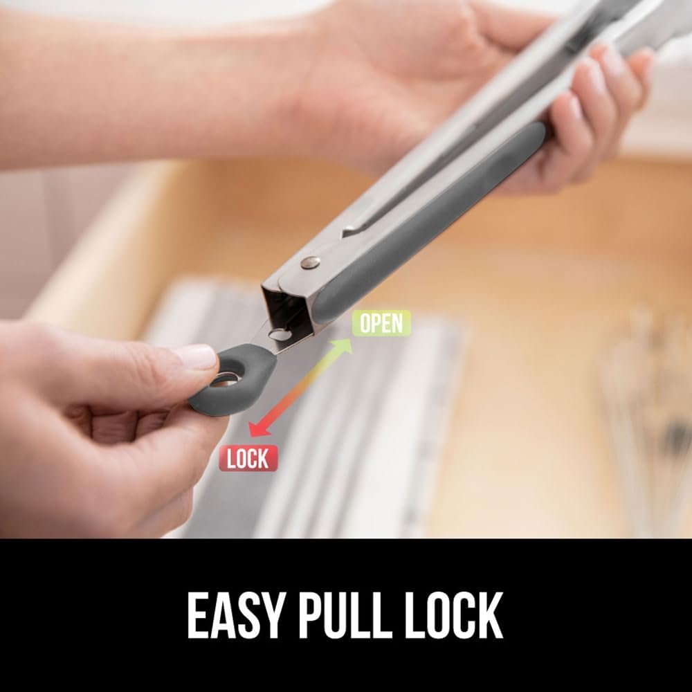 GORILLA GRIP Stainless Steel Heat Resistant Kitchen Tongs for Cooking, Set of 2 BBQ Tong, Non Scratch Silicone Tip for Pans, Strong Grip, Grab Food, Toss Salad, Air Fryer, Pull Lock, 7 + 9 Inch, Black