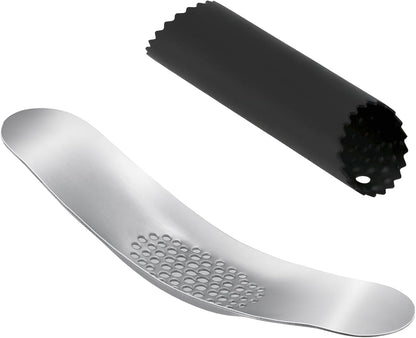 Garlic Press 430 Stainless Steel Garlic Rocker Mincer Bonus Food Grade with Silicone Peeler Garlic (Black)