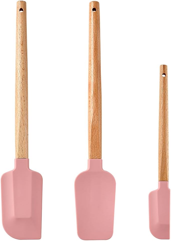3PCS Silicone Spatula Wooden Handle Set, Heat Resistant Silicone Spatula, Spatulas Silicone Heat Resistant Wood, Rubber Spatula for Baking Non-Stick Cooking Mixing, Beige & Green & Pink