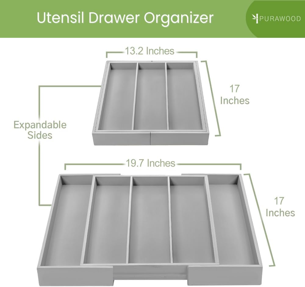 Purawood Bamboo Drawer Organizer - Expandable Silverware Organizer & Utensil Drawer Organizer, Cutlery Tray with Dividers, 7-9 Slots- Kitchen Organizer for Utensils & Flatware (Natural)