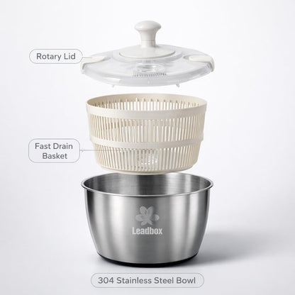 Stainless Steel Salad Spinner, 6L Heavy-Duty Lettuce Dryer with Smooth Spin Handle, Large Vegetable Washer & Fruit Rinse Bowl, Non-Slip Base