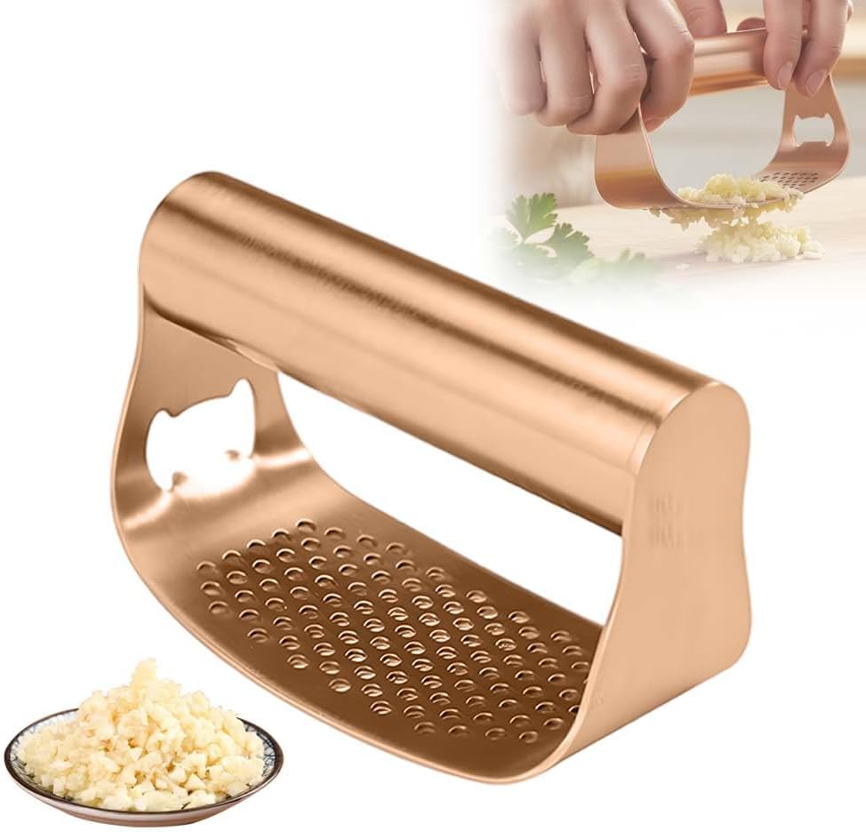 Stainless Steel Garlic Presser, 2026 New Garlic Press Rocker Heavy Duty Garlic Mincer, Portable Manual Press Tool Garlic Chopper for Smash Garlic Kitchen Tools (Rose Gold)