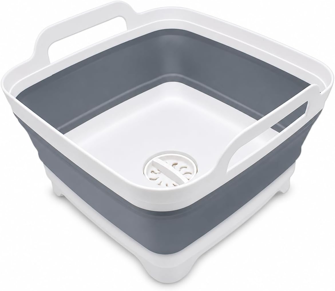 2.4 Gal(9L) Collapsible Dish Basin with Drain Plug, Space Saving Outdoor Multiuse Foldable Sink Tub, Dishpan, Kitchen Storage Tray for Camping, Vegetable Washing, RV (Gray)