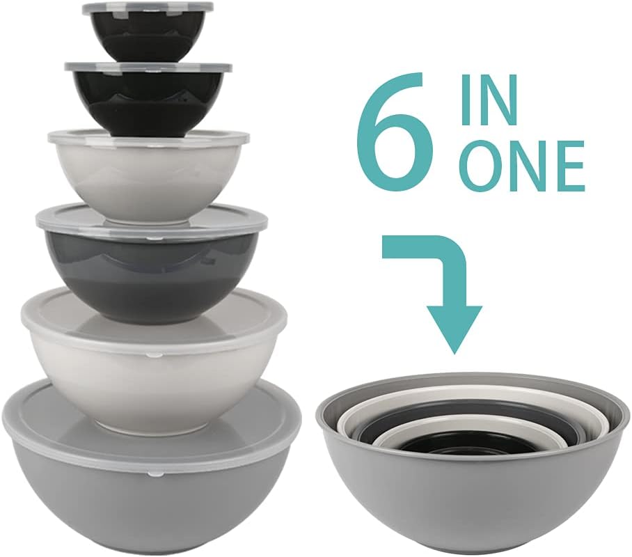 BoxedHome BPA Free Plastic Round Mixing Bowl with Lids, 12 Pack Nesting Bowls with Lids Set, Microwave and Dishwasher Safe Prep & Serving Bowls Great for Mixing, Baking, Serving (Pink, 12pcs)