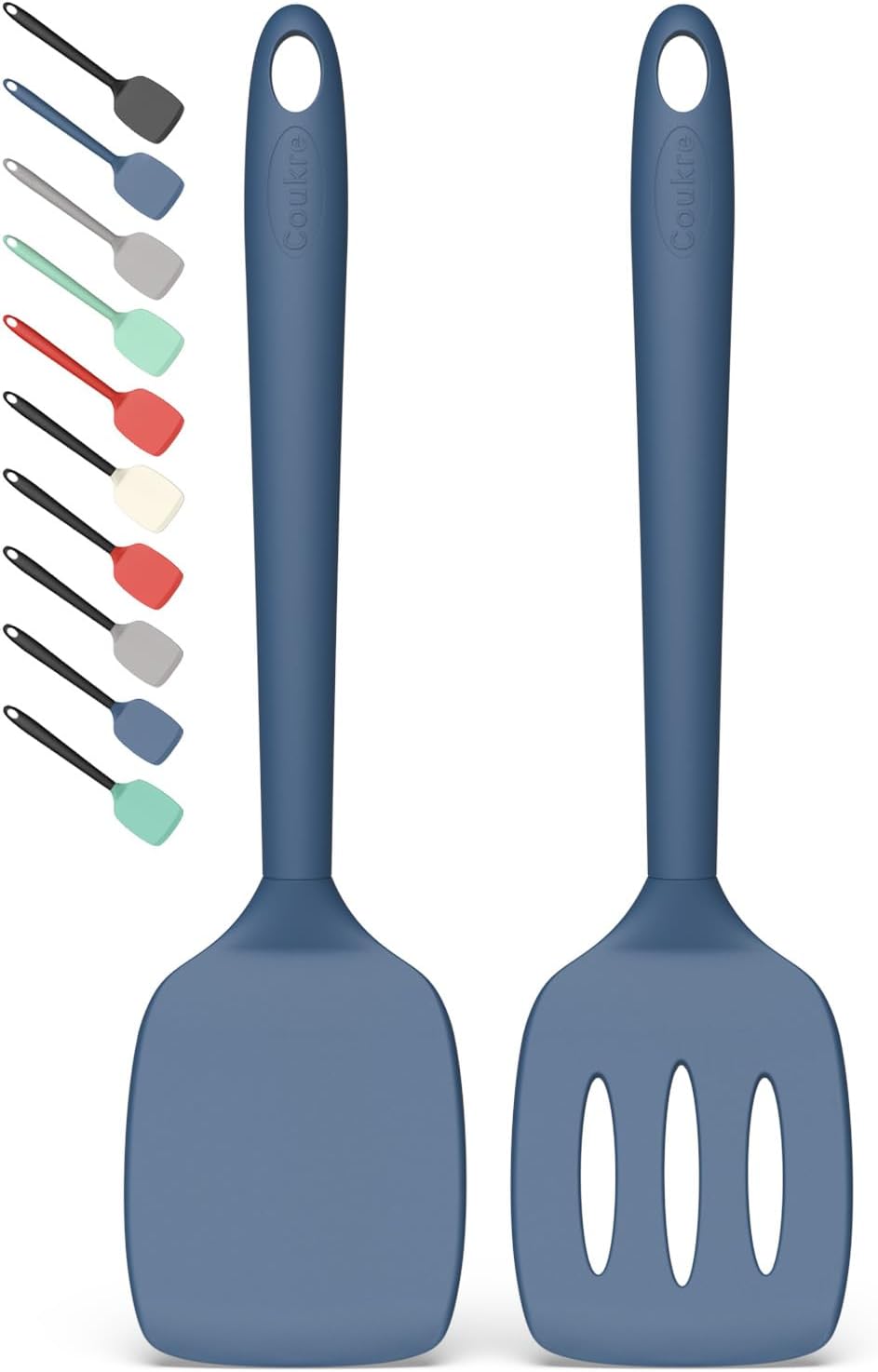 Coukre 2 Pack Silicone Spatula Set, High Heat Resistant, BPA Free Kitchen Spatula, Solid & Slotted Turner for Non-Stick Pans, Sautéing, and Flipping (2, PureBlack)
