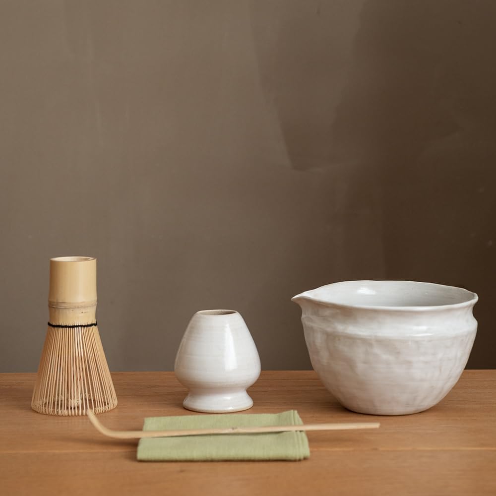 6-pcs Japanese Matcha Whisk Set with Handmade Wabi-Sabi Ceramic Bowl(Chawan),Bamboo Chasen, Whisk Holder, Scoop, Sifter & Tea Towel,Matcha Ceremony Kit,(Sandstone Reactive Glaze)