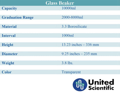 United Scientific™ Chemistry Glassware Measuring Beaker, 1000mL Low Form Griffin, 3.3 Borosilicate Laboratory Glassware, Double Scale Graduated, Autoclavable, ASTM-E960 Compliant, 1 Each