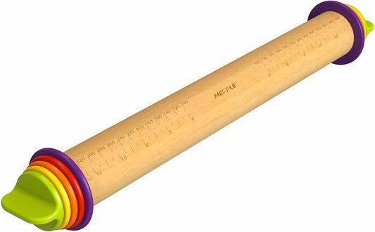 Rolling Pin with Thickness Rings for Baking,Fondant, Pizza, Pie Crust, Cookie, Pastry, Roller Rod for Dough Thickness, 13.6" Adjustable Wood Rolling Pin with 4 Thickness Rings and Wooden Stand