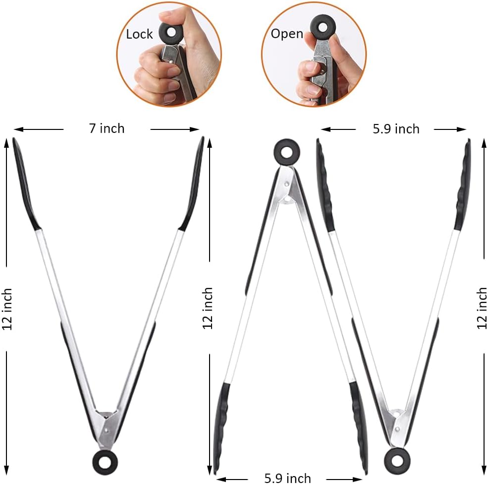 Mini Silicone Serving Tongs Set of 3, Small Kitchen Tongs (7 inch) with Silicone Tips and Stainless Steel Handle, Cooking Tongs for Salads, Pasta, Steaks, Vegetables