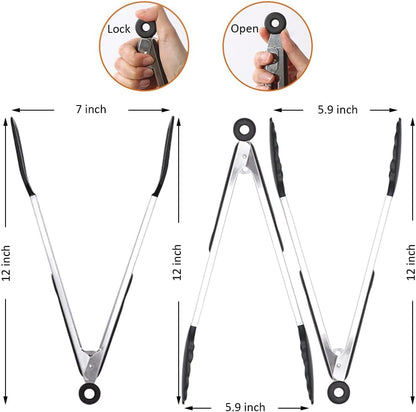 Mini Silicone Serving Tongs Set of 3, Small Kitchen Tongs (7 inch) with Silicone Tips and Stainless Steel Handle, Cooking Tongs for Salads, Pasta, Steaks, Vegetables