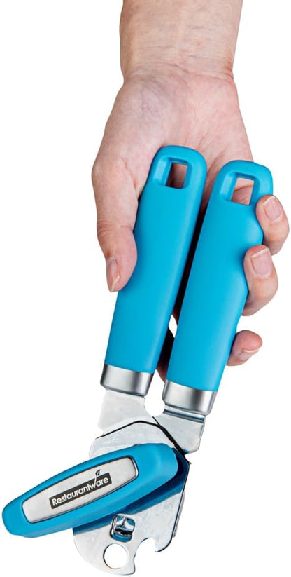 Restaurantware Comfy Grip 7.6 x 1.9 x 2.1 Inch Can Opener 1 Durable Manual Can Opener - Sharp Wheel Blade Grip Handle Mint Green Stainless Steel Hand-Held Can Opener Built-In Bottle Opener