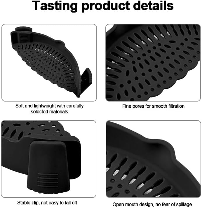 Clip On Strainer Silicone for all Pots and Pans, Silicone Strainer for Pasta and Food Colander for Meat Vegetables Fruit Silicone Kitchen Colander-Black