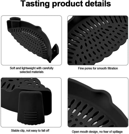 Clip On Strainer Silicone for all Pots and Pans, Silicone Strainer for Pasta and Food Colander for Meat Vegetables Fruit Silicone Kitchen Colander-Black