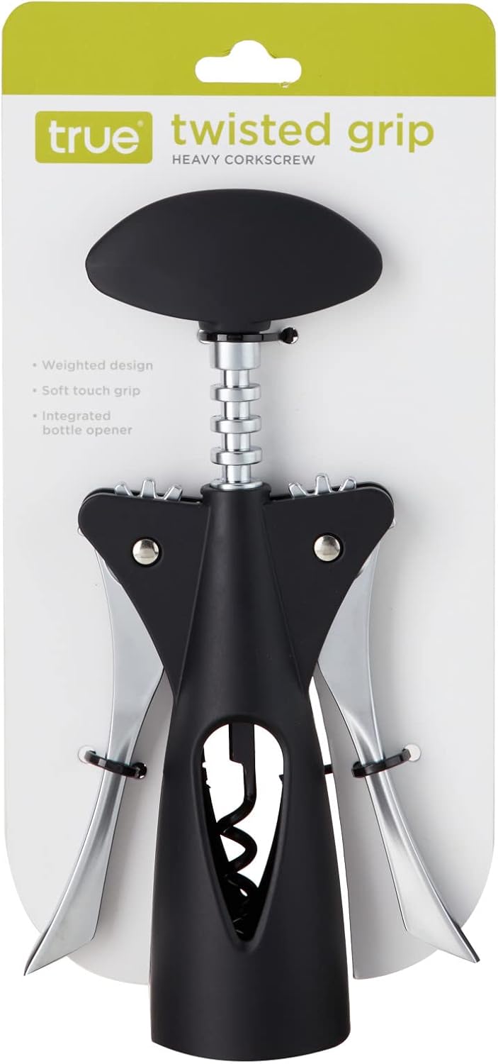 True Twisted Heavy, Winged Corkscrew Lever Arms Bottle, Black, Soft-Touch Grip, Easy-to-Use Wine Opener, Set of 1