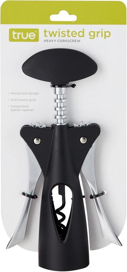 True Twisted Heavy, Winged Corkscrew Lever Arms Bottle, Black, Soft-Touch Grip, Easy-to-Use Wine Opener, Set of 1