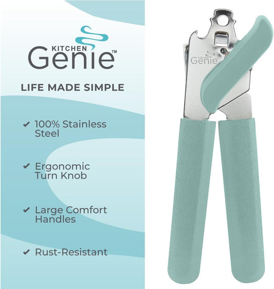 Kitchen Genie Slip Resistant Stainless Steel Manual Can Opener, Sharp Blade for Smooth Edge Cuts, Easily Open Cans, Ergonomic Handles with Easy to Turn Knob, Built-In Bottle Openers, Pitch Black