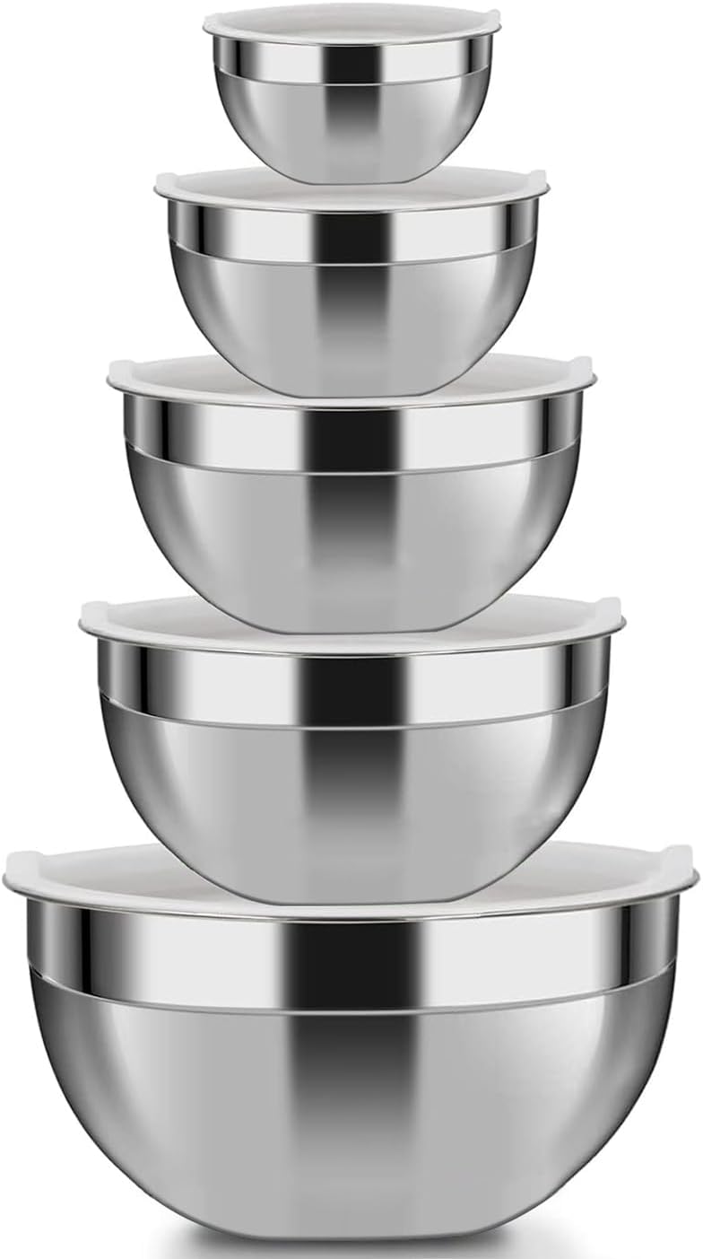 Mixing Bowls, 5Pcs Stainless Steel Mixing Bowl Set, Utensils for the Kitchen, Multifunctional, Stackable, Dishwasher Safe, 3.75L / 3.25L / 2.5L / 2L / 1.3L (With lid)