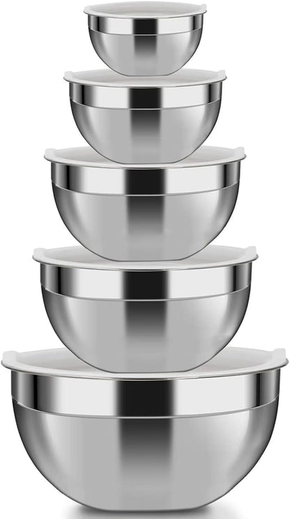 Mixing Bowls, 5Pcs Stainless Steel Mixing Bowl Set, Utensils for the Kitchen, Multifunctional, Stackable, Dishwasher Safe, 3.75L / 3.25L / 2.5L / 2L / 1.3L (With lid)