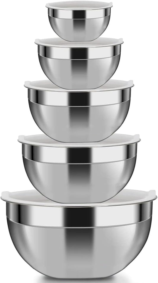 Mixing Bowls, 5Pcs Stainless Steel Mixing Bowl Set, Utensils for the Kitchen, Multifunctional, Stackable, Dishwasher Safe, 3.75L / 3.25L / 2.5L / 2L / 1.3L (With lid)