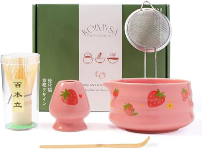 Matcha Whisk Set, 5 Pcs Traditional Japanese Matcha Whisk Preparation Kit, White Glossy Ceramic Bowl with Black Cat and Strawberry Pattern