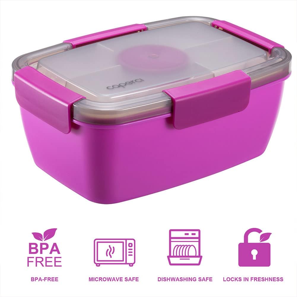 Caperci Large Salad Container Bowl for Lunch - Better Adult Bento Lunch Box 68 oz, 5-Compartment Tray, 2pcs 3-oz Sauce Cups, Stackable, BPA-Free (Navy)