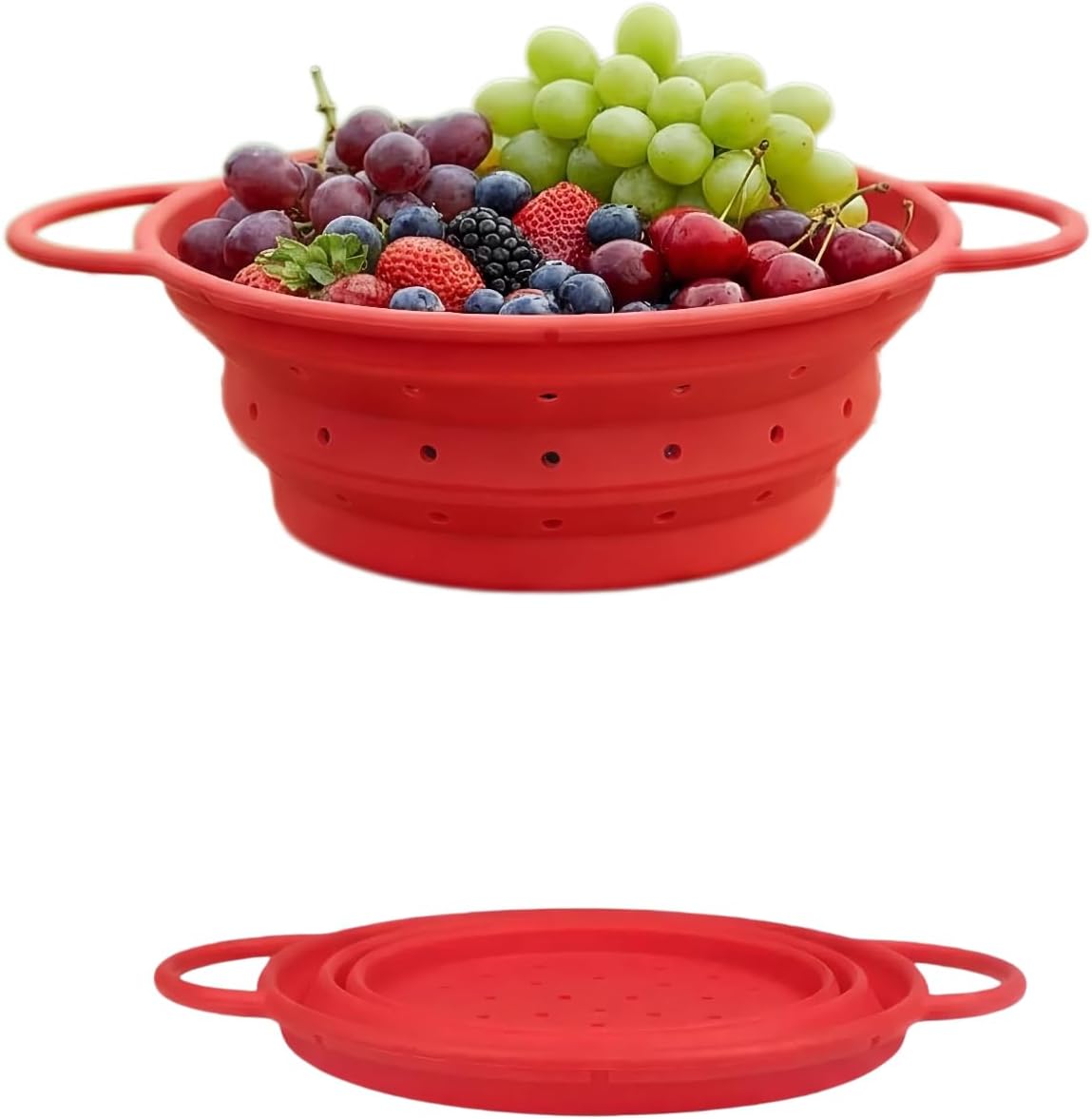 Collapsible Silicone Colander with Handles, Round Strainer with Stainless Steel Rim, Space Saving Kitchen Tool for Fruits & Vegetables,BPA-Free,Heat-Resistant Pasta Drainer(White, L)